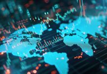 Das Bild zeigt eine digitale Weltkarte, überlagert mit Finanzgrafiken und Datenpunkten. Die Karte ist überwiegend blau, mit roten und grünen Linien für verschiedene Datenmetriken. Die Szene hat ein futuristisches, technisches Flair und der Hintergrund besteht aus Finanz- oder Börsendatenvisualisierungen.